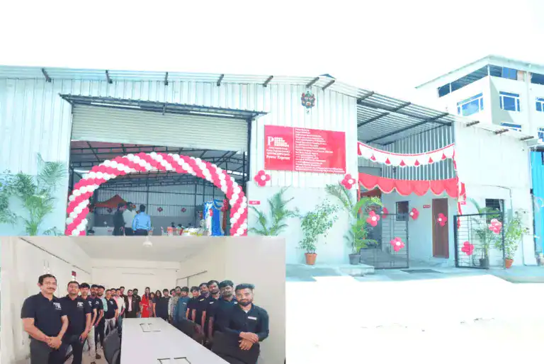 Power Express Generators facility entrance decorated for inauguration with team members meeting inside office